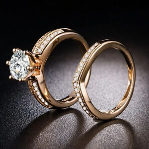 14K Rose Gold Plated Round Brillant Cut CZ Wedding Couple Ring, MLNN1020